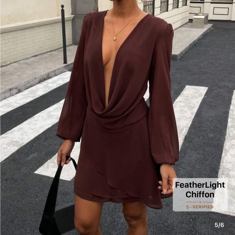 SHEIN Inawly Women's Sheer Sleeve Draped Neck Sexy Mini Dress Brown Size XS
